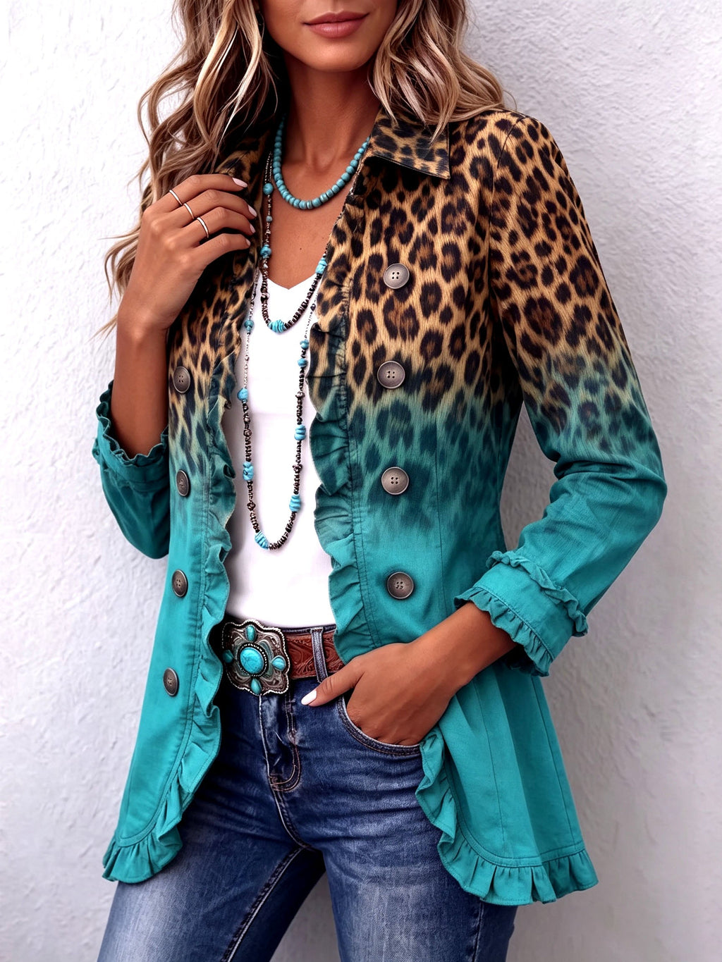 Dominique | Blazer mit Leopardenmuster, Ombré-Effekt und Rüschen