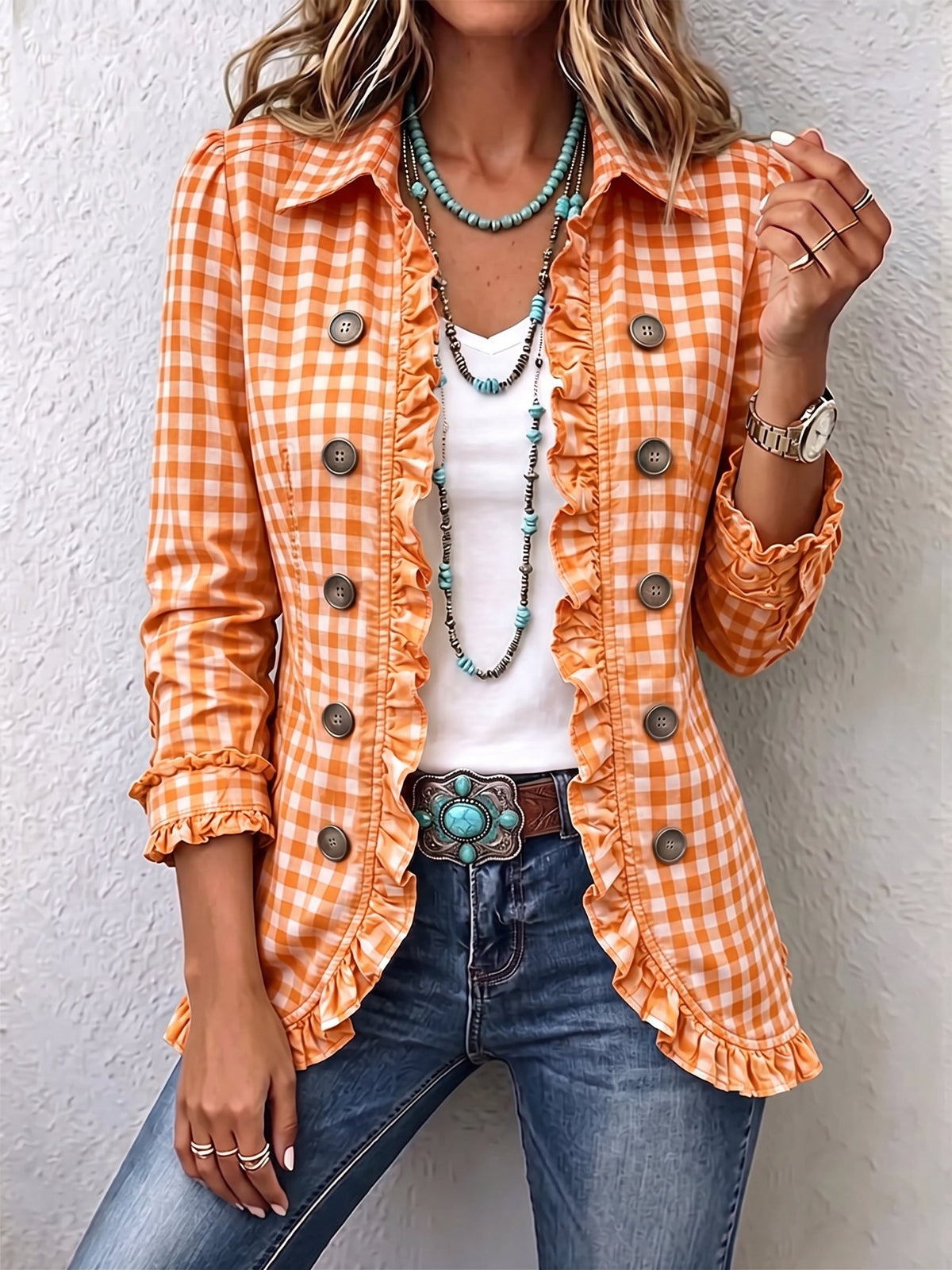 Claudia | Gingham-Jacke mit Falten und Knöpfen