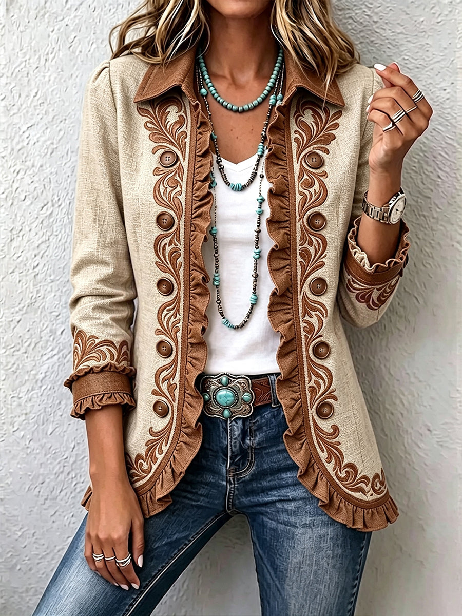 Isabelle | Vintage-Jacke im Bohemian-Stil mit Blumenmuster und Falten