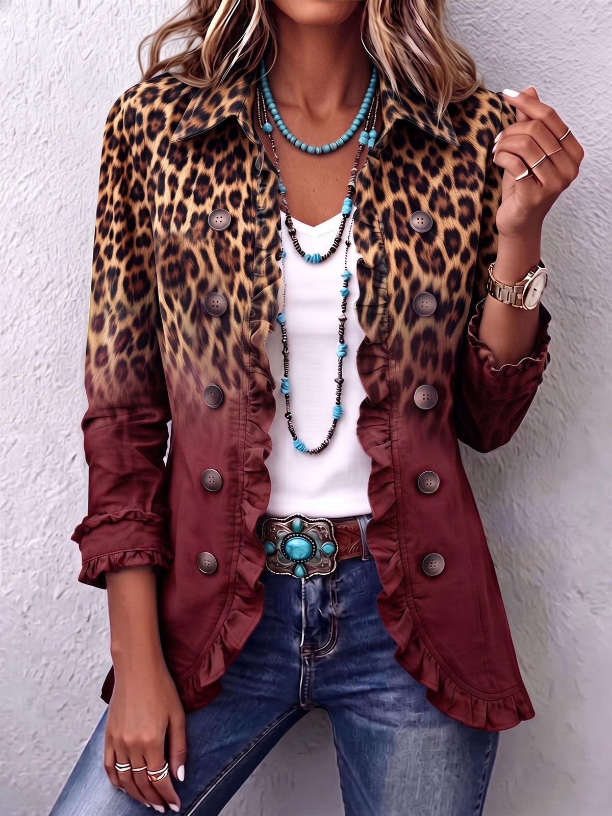 Dominique | Blazer mit Leopardenmuster, Ombré-Effekt und Rüschen