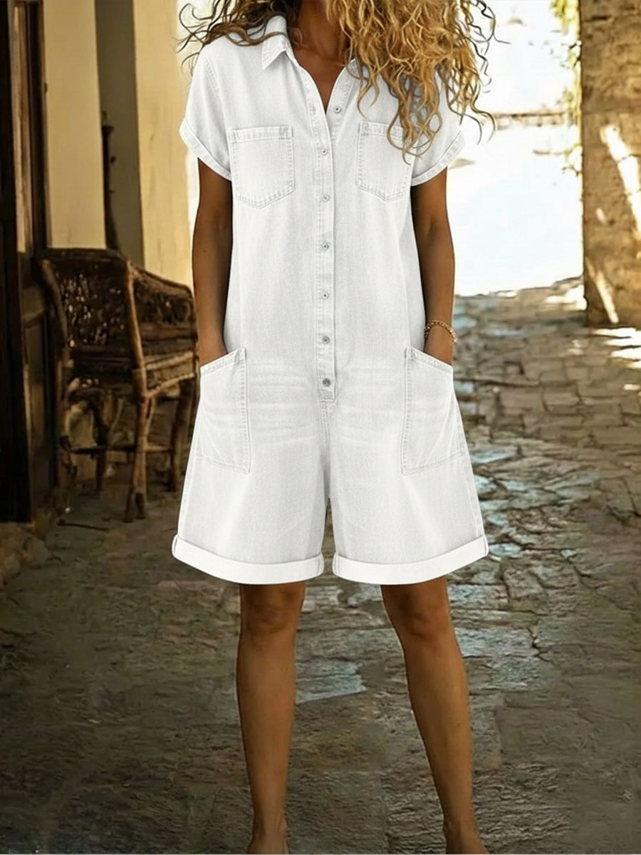 Lila - Lässiger Baumwoll-Denim-Overall Shorts