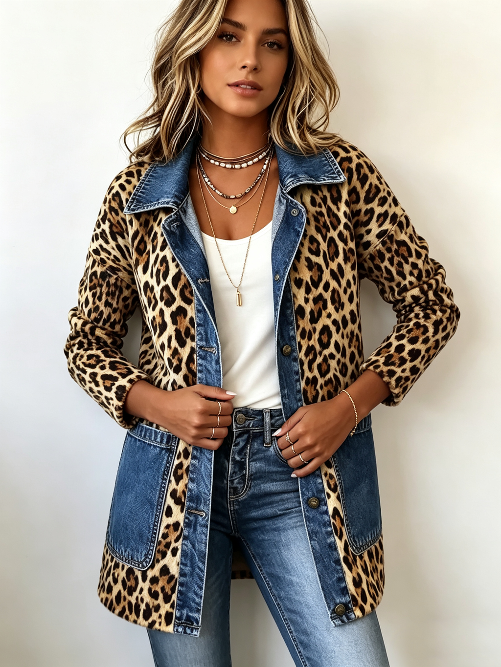 Madeleine | Longline-Jacke mit kontrastierenden Einsätzen aus Denim im Leopardenmuster
