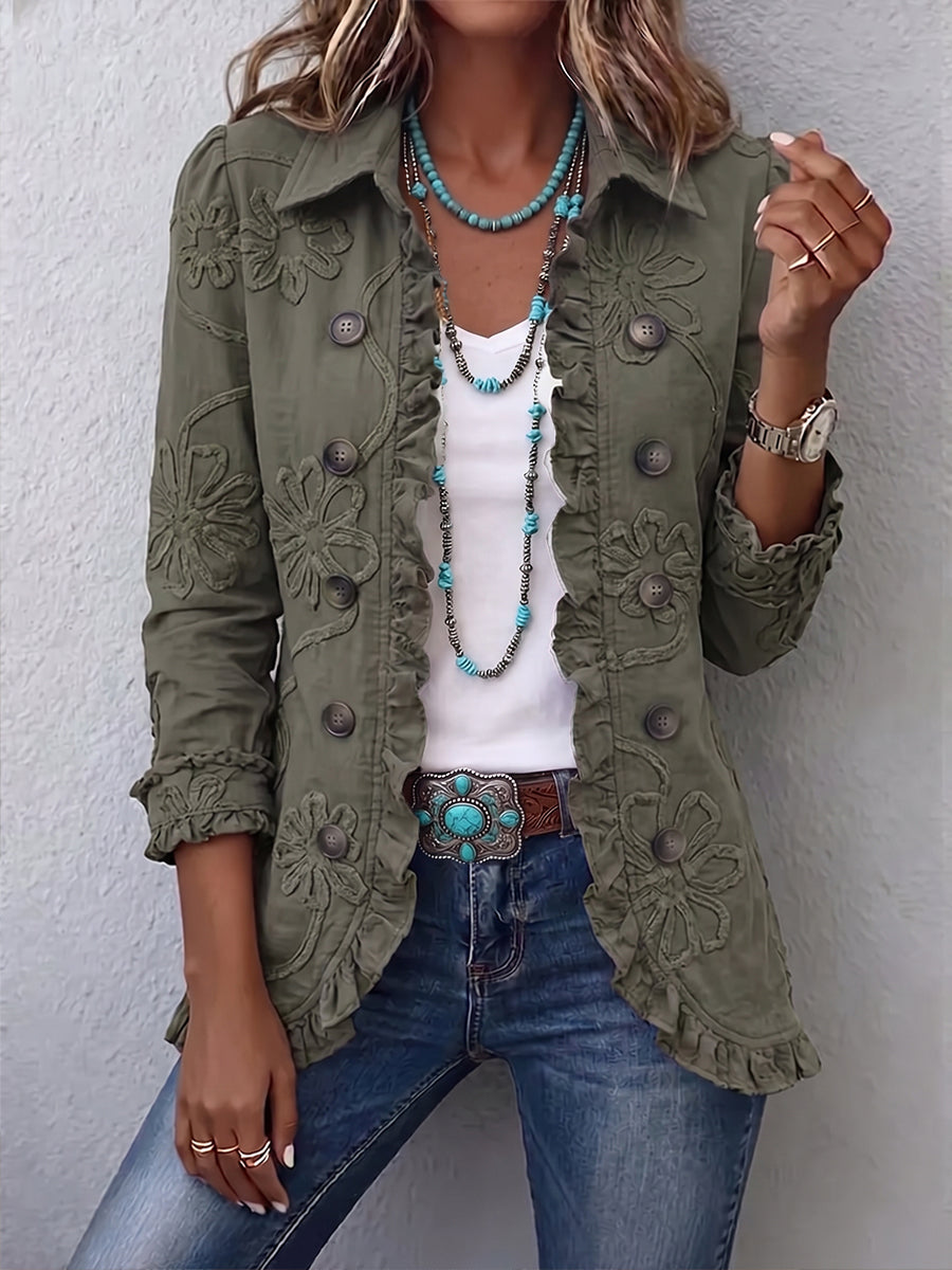Lisette | Boho-Chic-Jacke mit Blumenstickerei und Rüschen im Utility-Stil