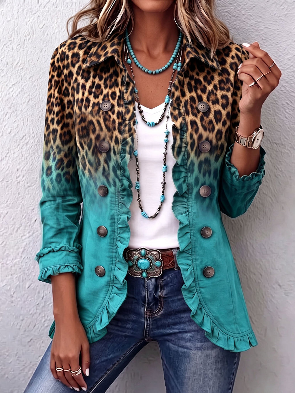 Dominique | Blazer mit Leopardenmuster, Ombré-Effekt und Rüschen