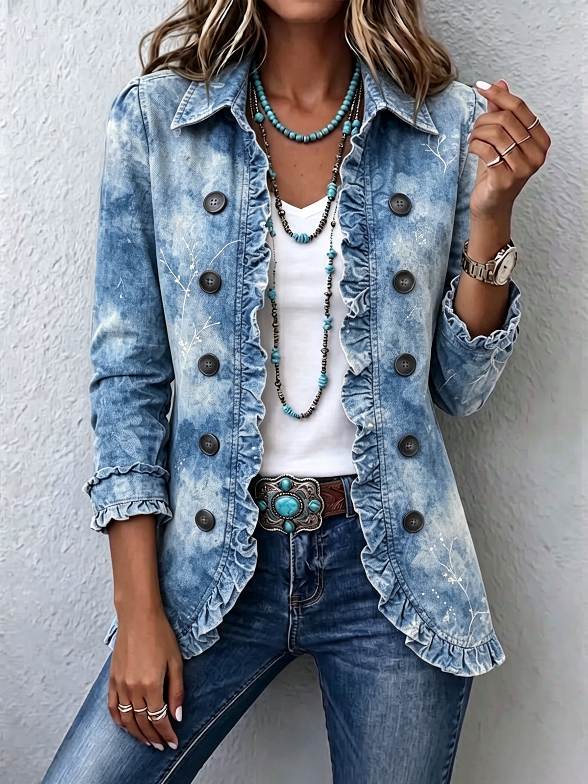 Michèle | Boho-Jacke mit Farbverlauf, Vintage-Botanik-Print und Rüschen