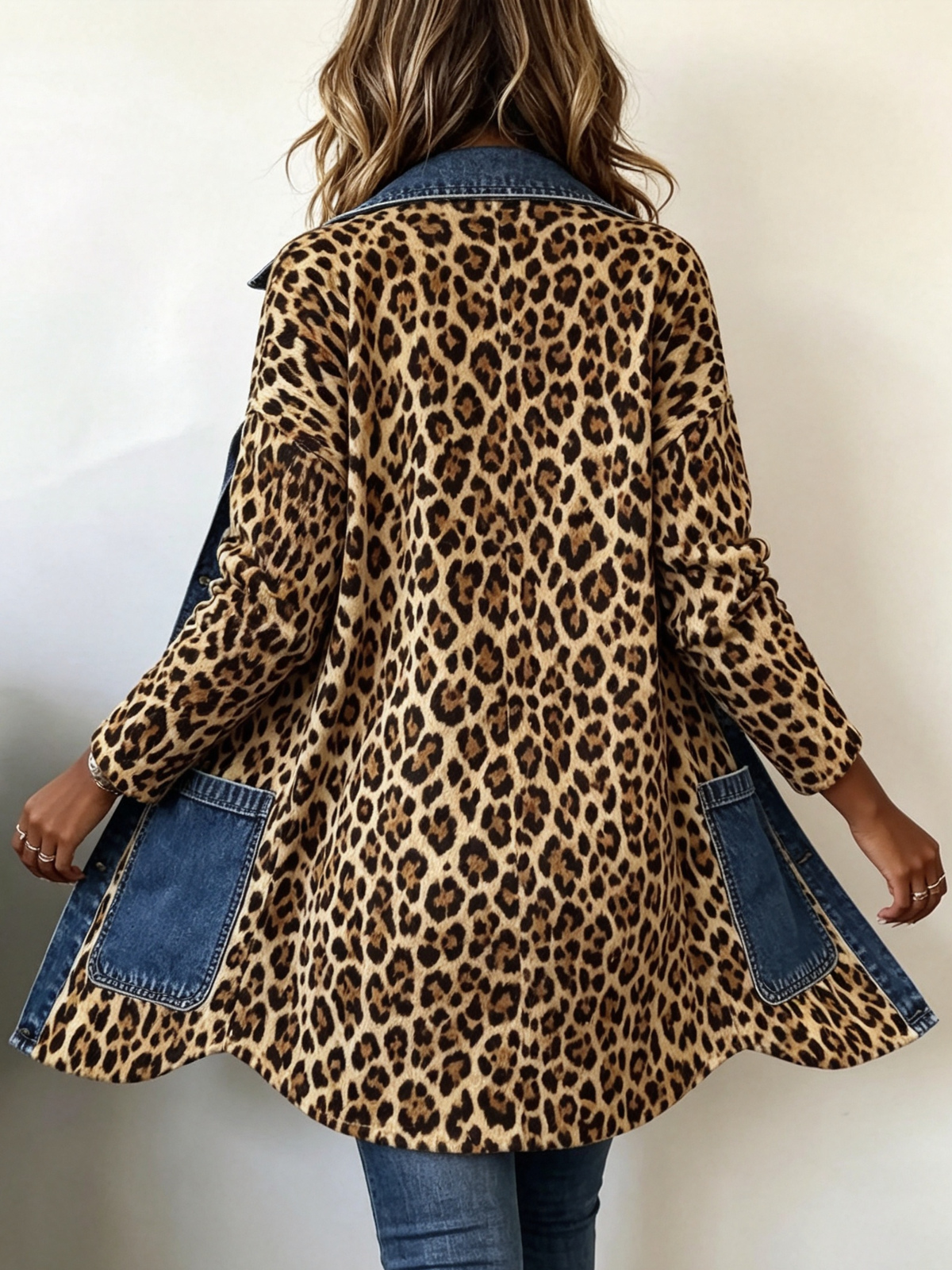 Madeleine | Longline-Jacke mit kontrastierenden Einsätzen aus Denim im Leopardenmuster