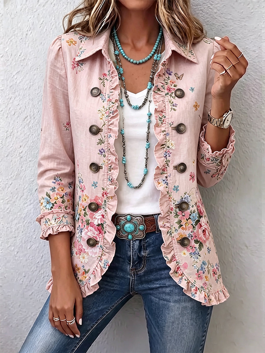 Nathalie | Jacke mit Blumenmuster, Rüschen und Knöpfen