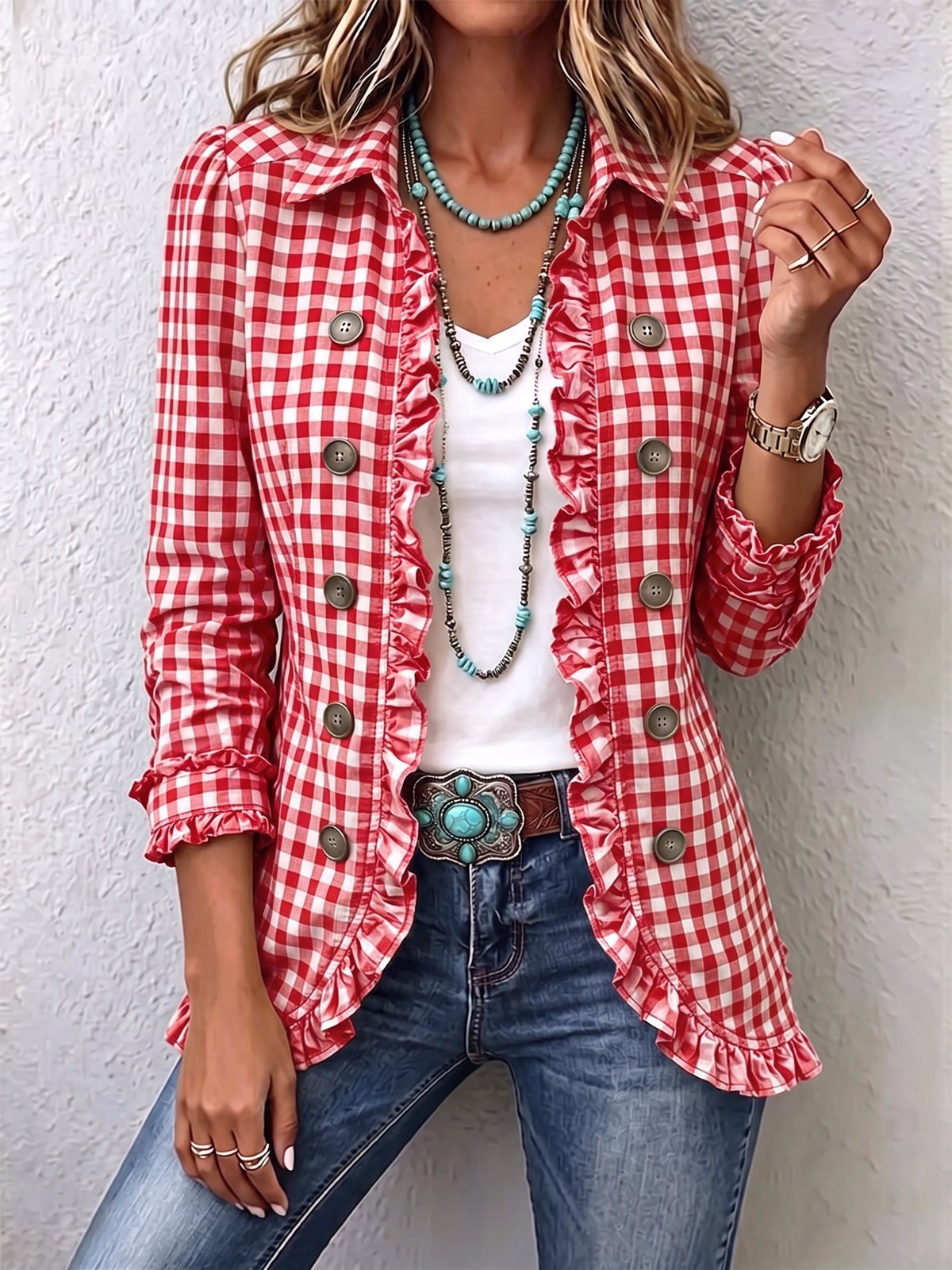 Claudia | Gingham-Jacke mit Falten und Knöpfen