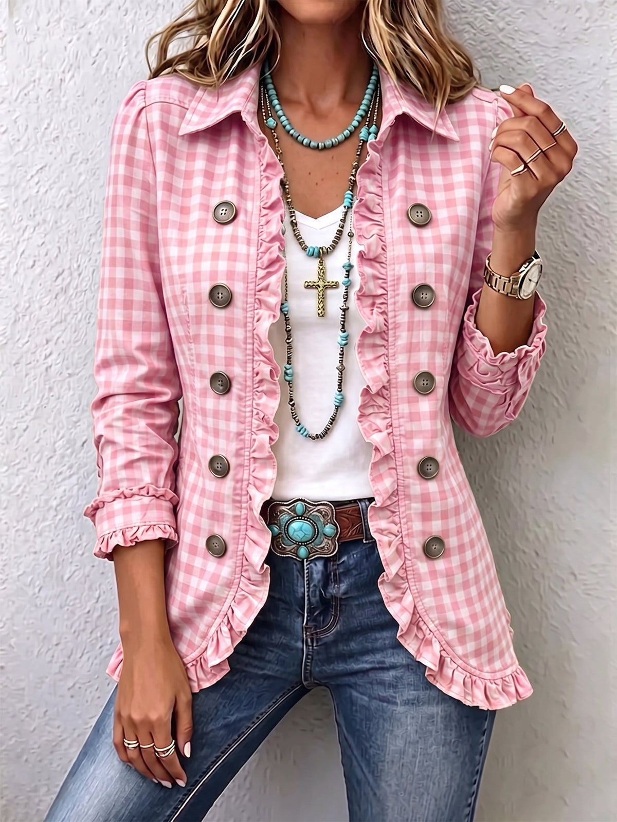 Claudia | Gingham-Jacke mit Falten und Knöpfen