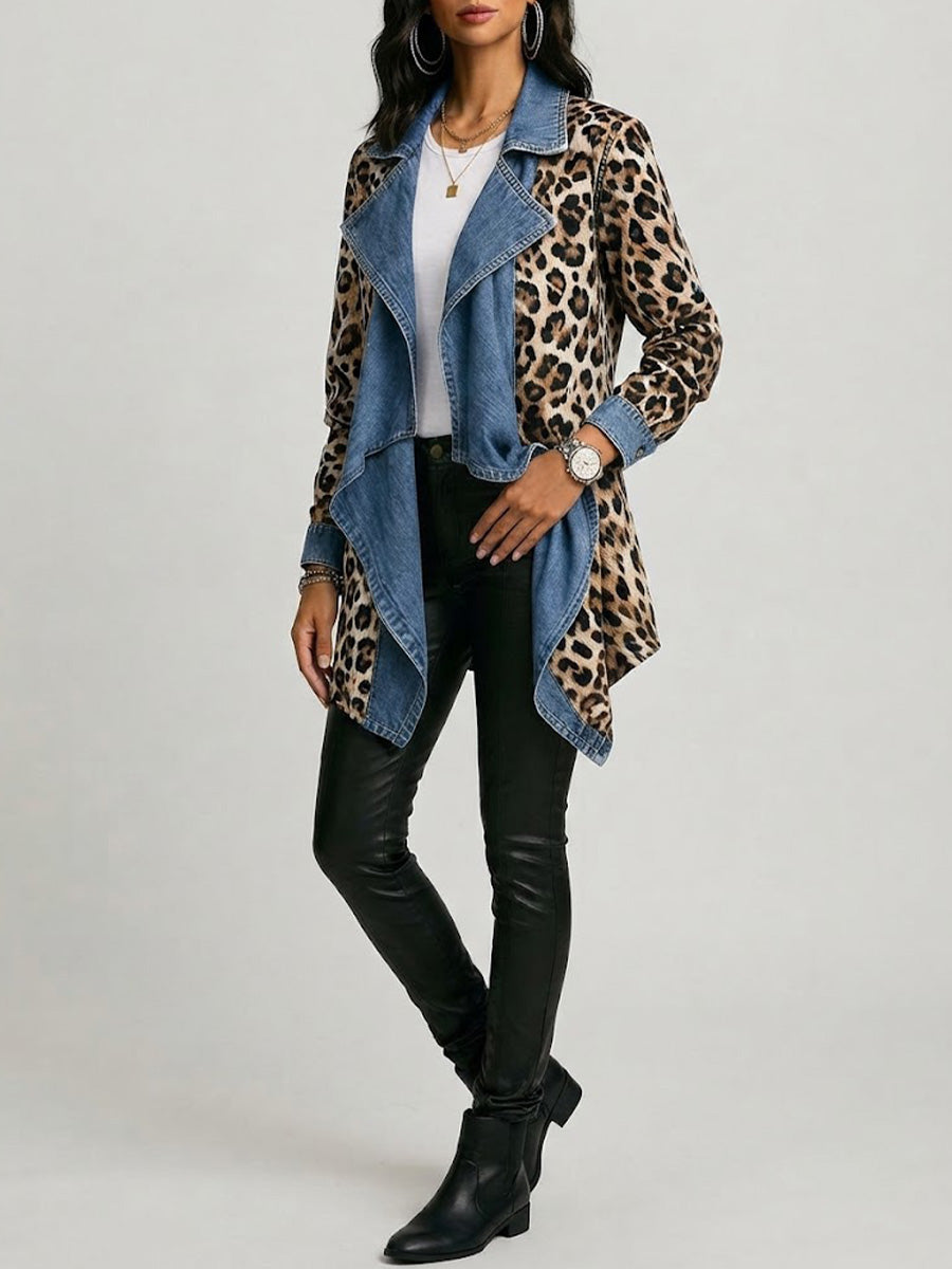 Cécile | Jacke mit Leopardenmuster und gewaschenem Denim-Einsatz