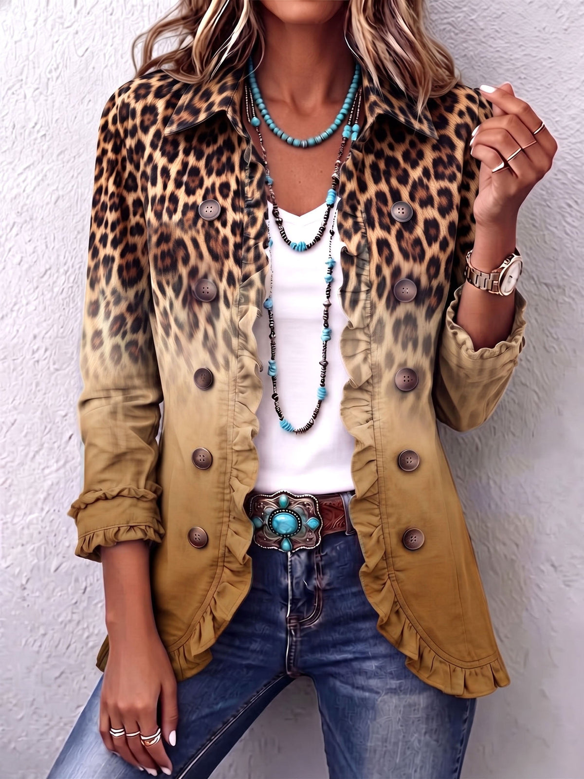 Dominique | Blazer mit Leopardenmuster, Ombré-Effekt und Rüschen