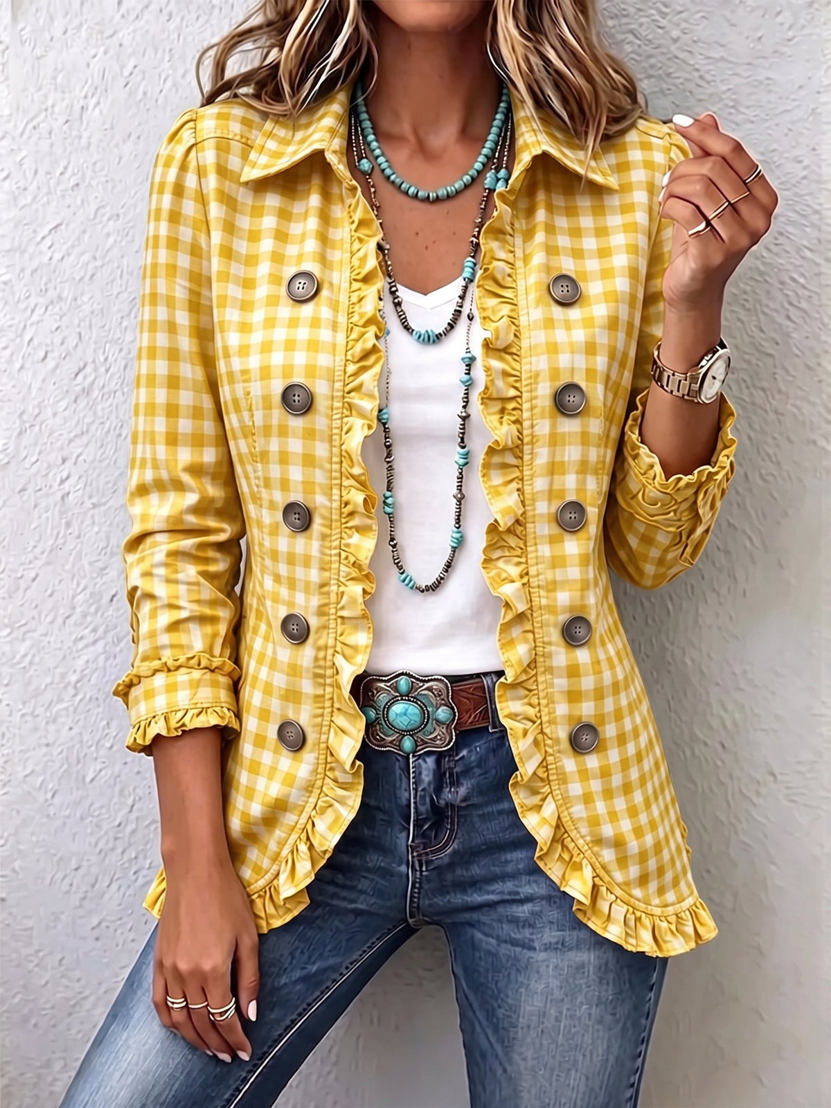 Claudia | Gingham-Jacke mit Falten und Knöpfen