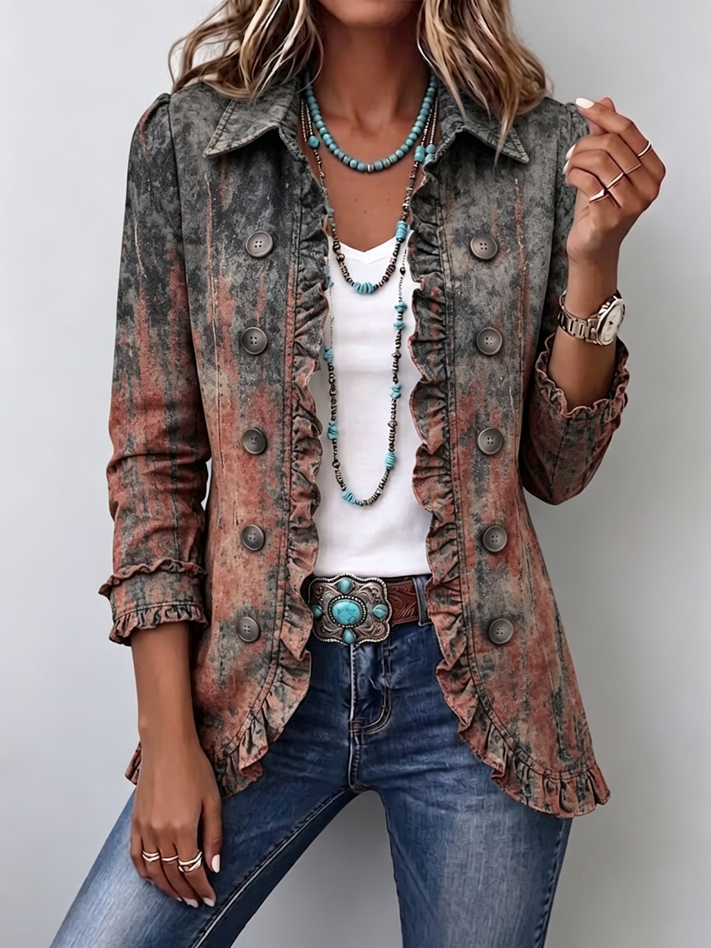 Jeannette | Vintage-Jacke mit strukturiertem Farbverlaufsmuster und Rüschen