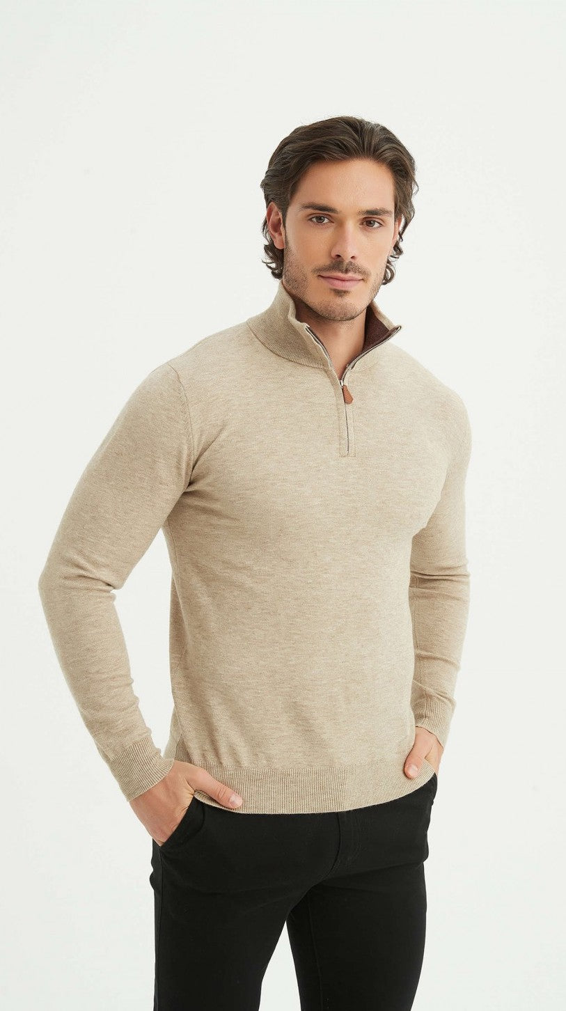 Malte | Beiger Pullover mit Halb-Reißverschluss