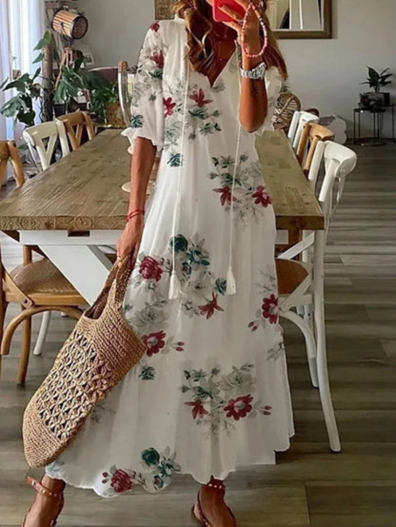 Andrea | V-Ausschnitt Bedrucktes Kleid